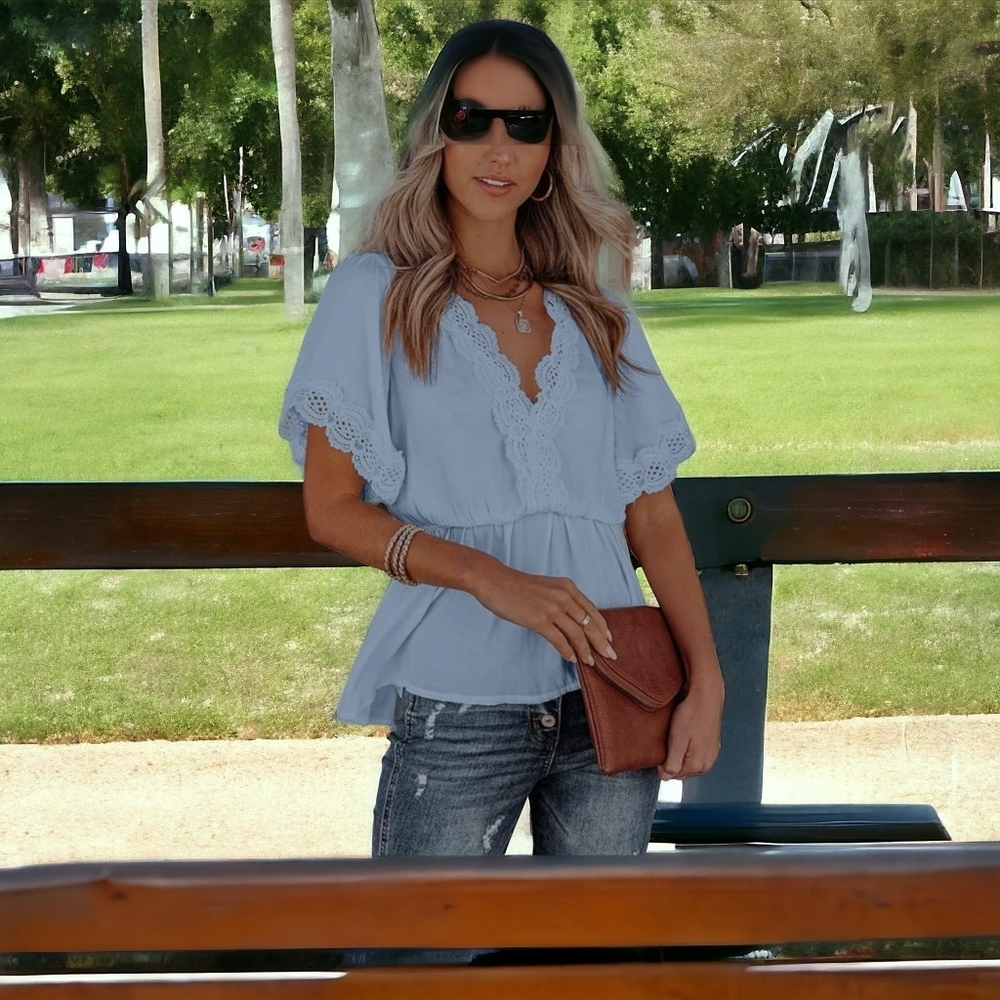 New! SKY blue lace splicing  v-neck & short  sleeves